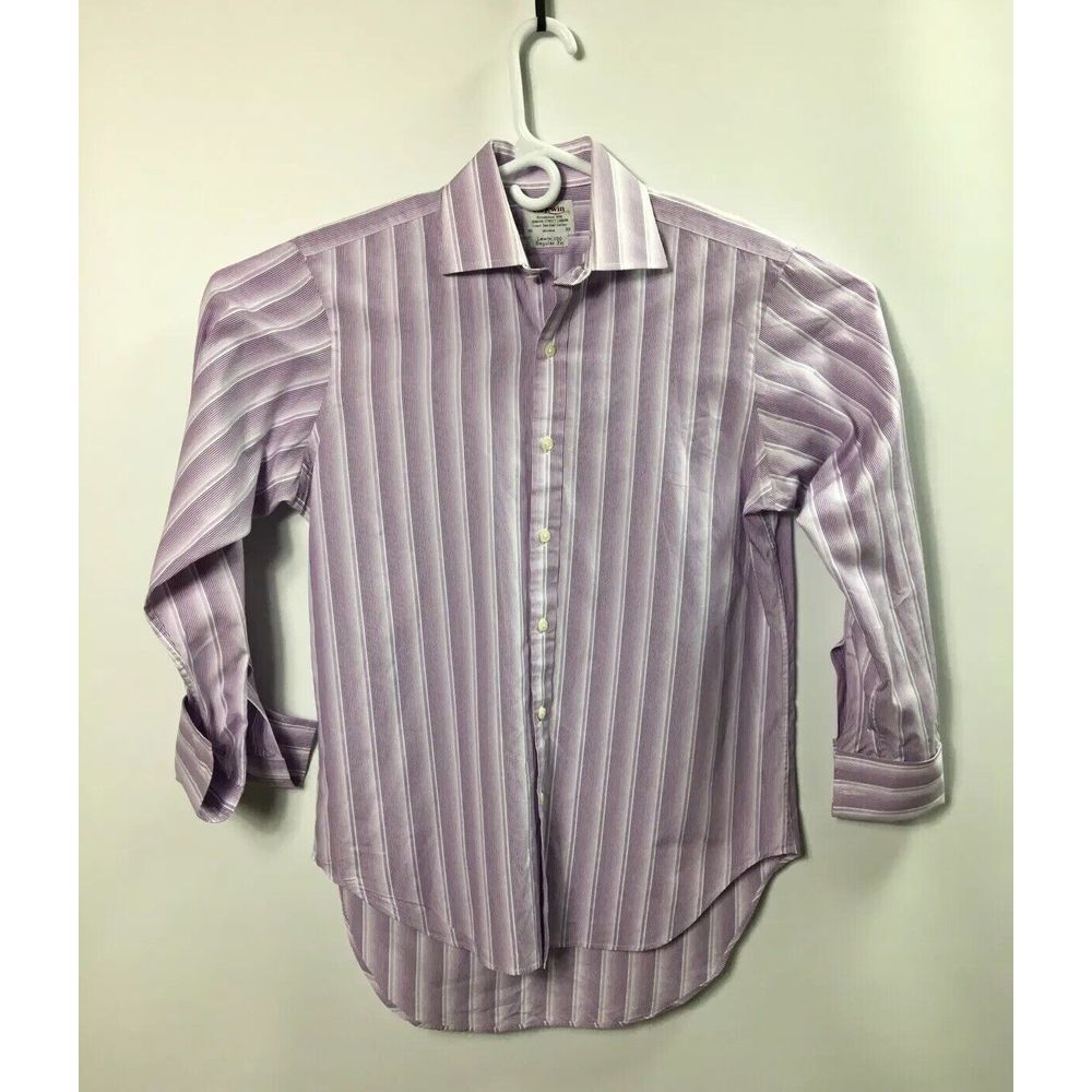 T M Lewin Dress shirt French Cuff Lewin 100‎ purple Striped Mens Size M 15/33